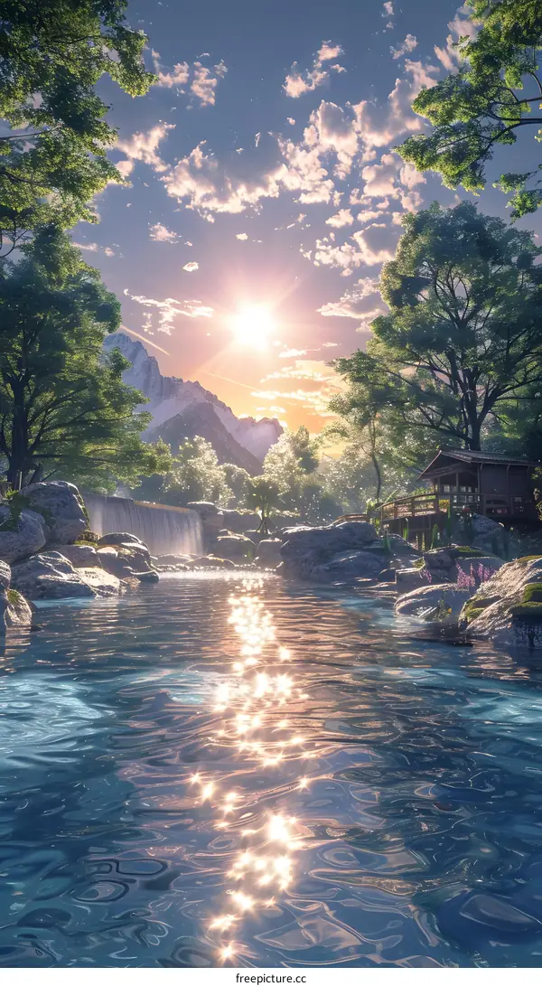 Mountain Cabin Creek Sunset Illustration