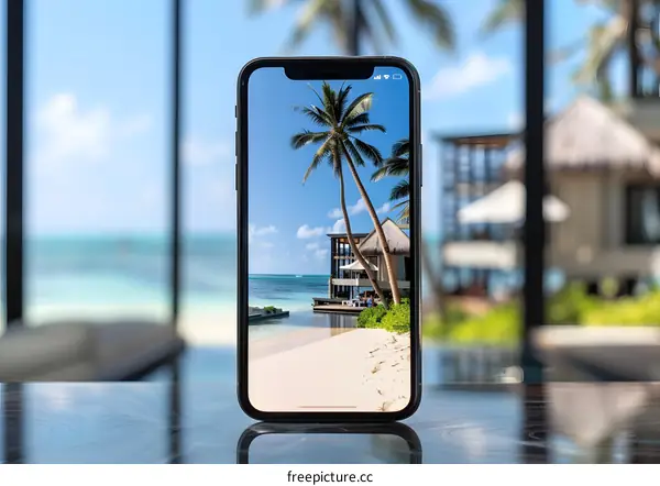 Tropical Beach Scene on Phone Screen
