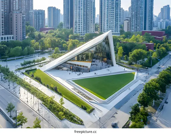 Modern Architectural Design with Green Landscaping and People Walking Around