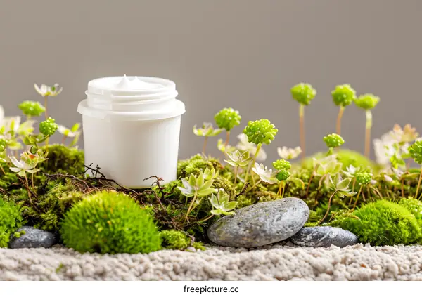 White Cream Jar in Green Moss with Stones