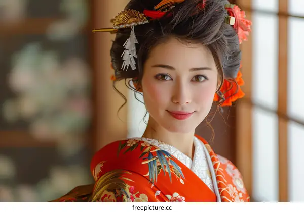 A beautiful Japanese bride wearing a traditional red kimono