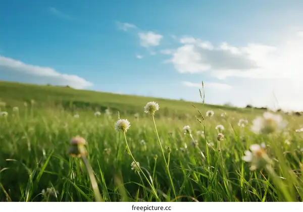Green meadow with white flowers under clear blue sky
