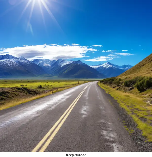 Road through rural New Zealand landscape with snow capped mountains in distance