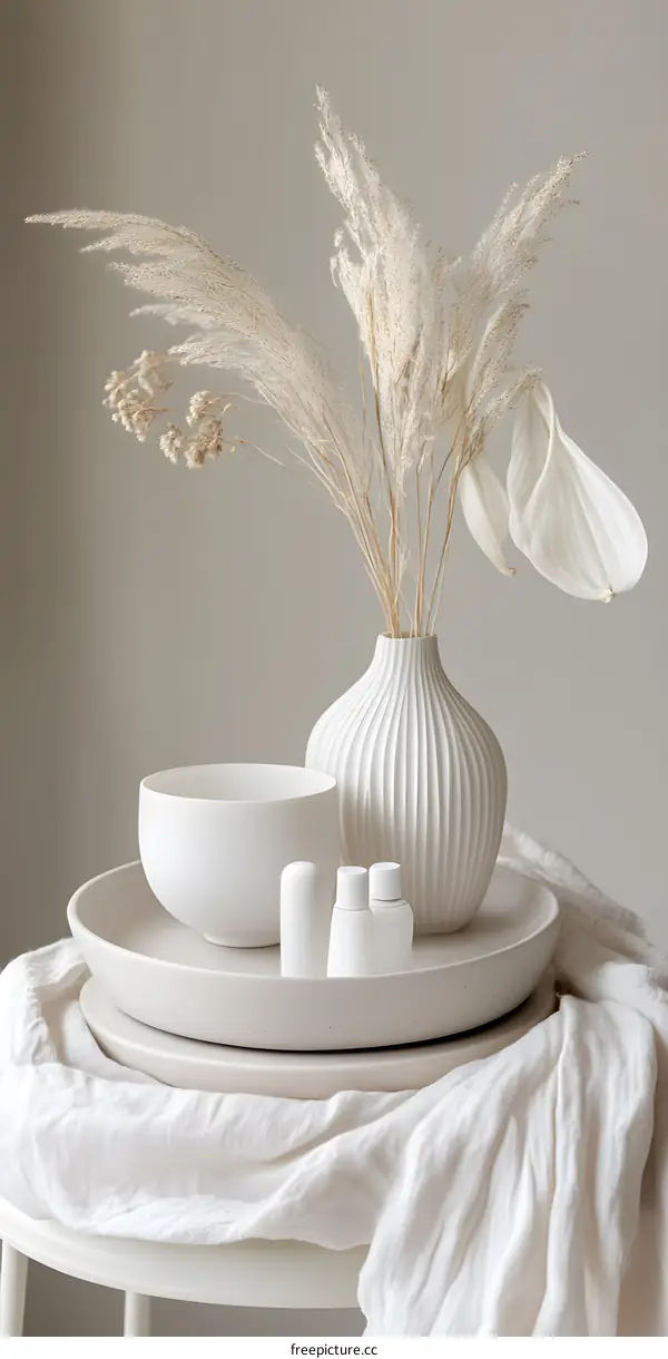 White Vase with Pampas Grass and White Bowl on Table