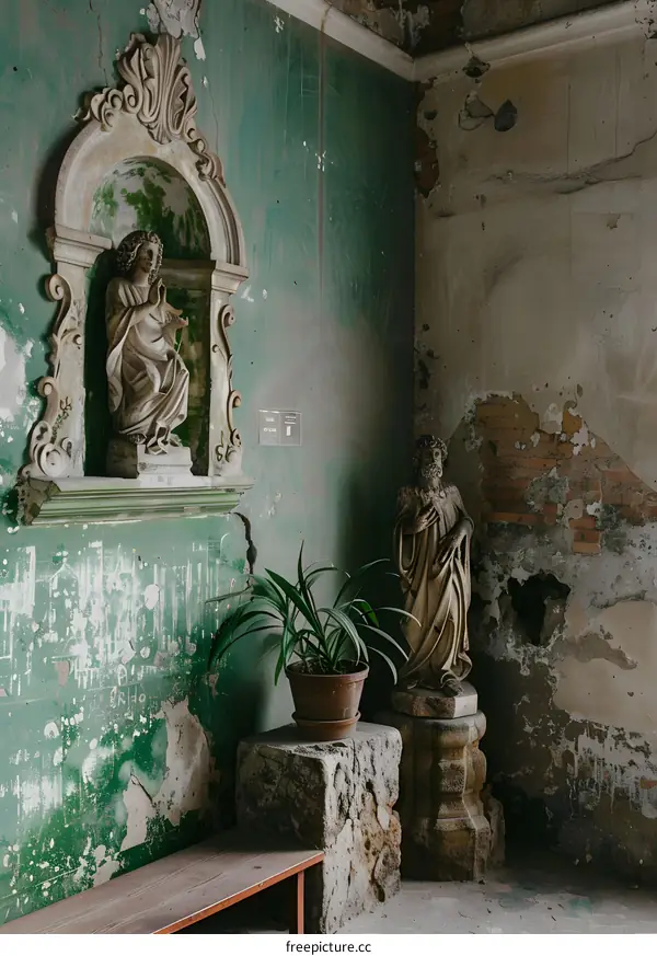 Old Building With Religious Statues And Green Walls