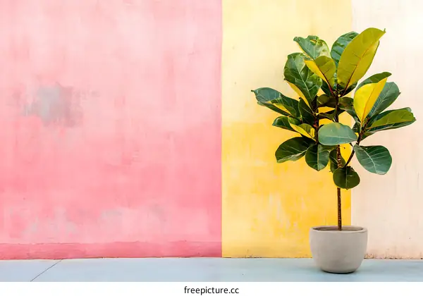 Green Plant in a Pot Against a Pink and Yellow Wall