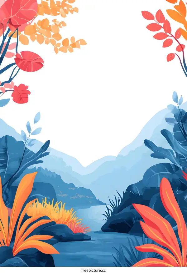 Watercolor Illustration of a Blue Mountain Landscape with Flowers