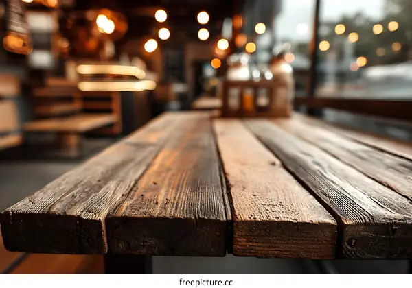 Wooden Table Top in a Cafe Background