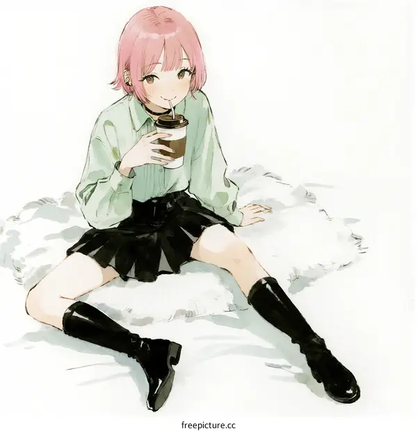 A young girl with pink hair sits on a fluffy cushion holding a cup of coffee