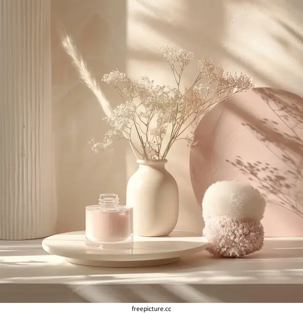 Dried flowers and a pink vase on a white table