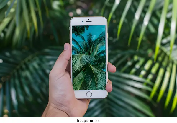 Hand Holding Phone with Tropical Background