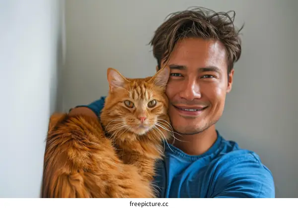 A smiling man with his orange cat