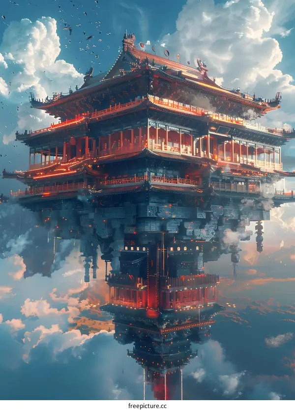 futuristic oriental architecture floating in the sky