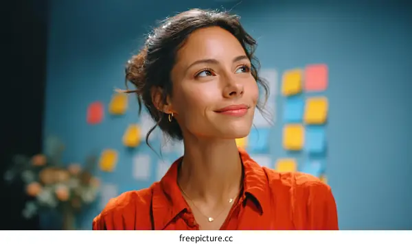 Young woman in red shirt with post-it notes on wall