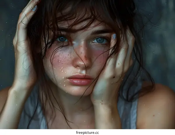 A close-up portrait of a young woman with wet hair and freckles on her face