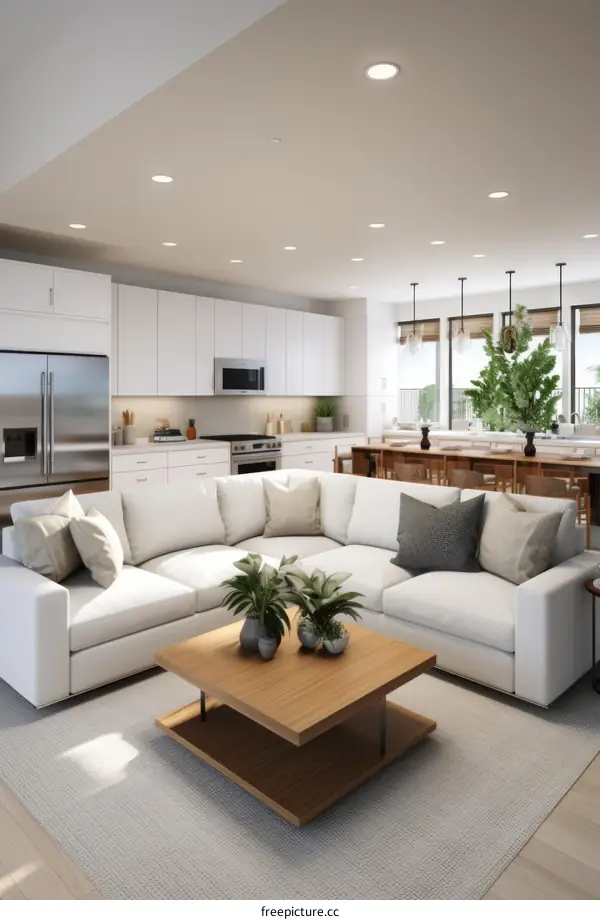 Modern White Living Room with Plants and Open Floor Plan