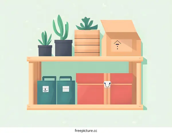 Wooden Shelf with Plants and Boxes Illustration