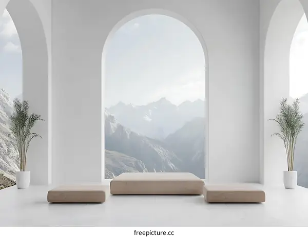 Minimalist Interior Design with Arched Windows and Mountain View