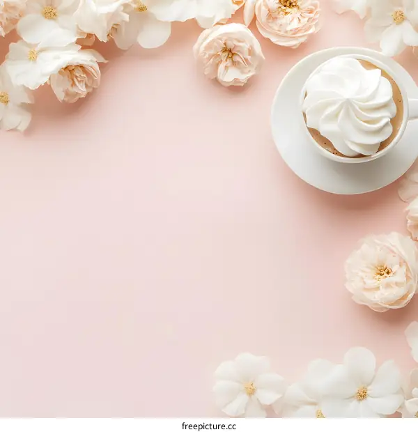 Pink Background with Flowers and Coffee Cup