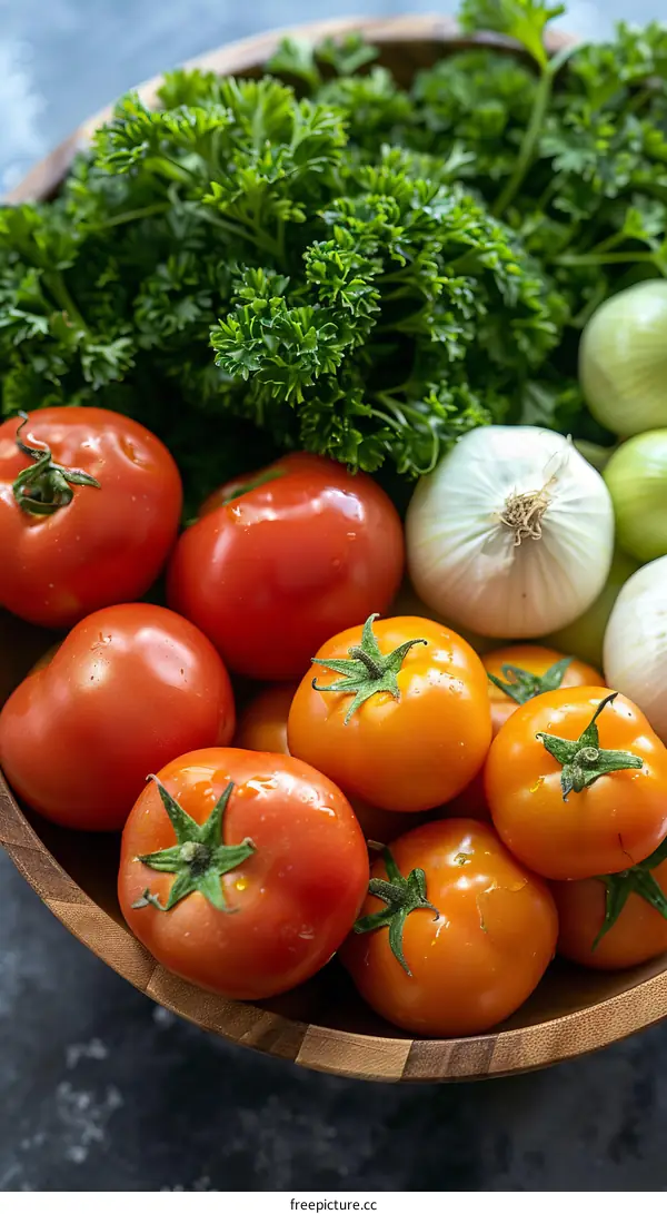 Wooden Bowl Filled with Fresh Tomatoes, Onions, and Parsley