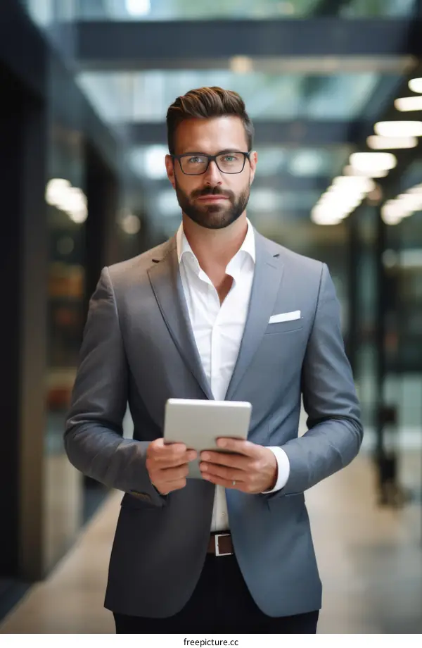 Confident businessman in a suit holding a tablet