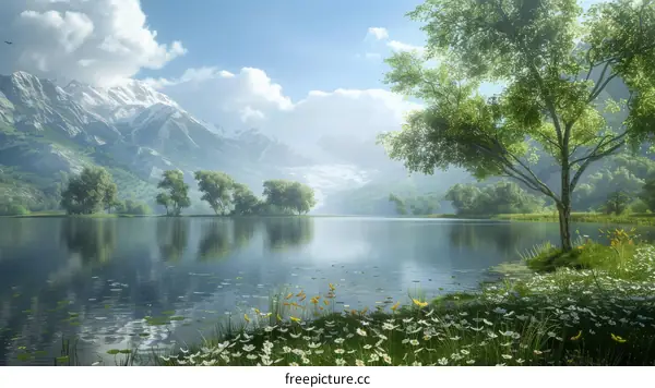 Tranquil Mountain Lake with Snow-Capped Mountains in the Distance