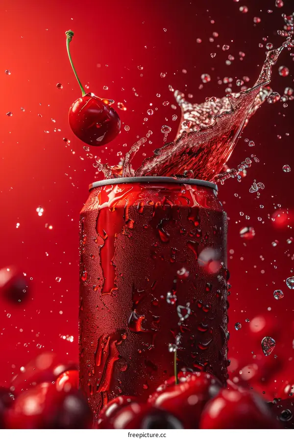 A cherry is falling into a can of cherry soda, causing a splash of red liquid.