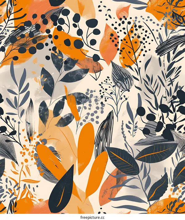 Abstract Seamless Pattern With Orange and Blue Leaves