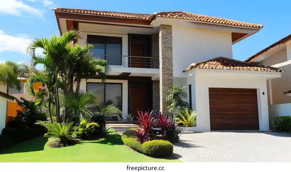 Modern Two Story House With Garage and Landscaping