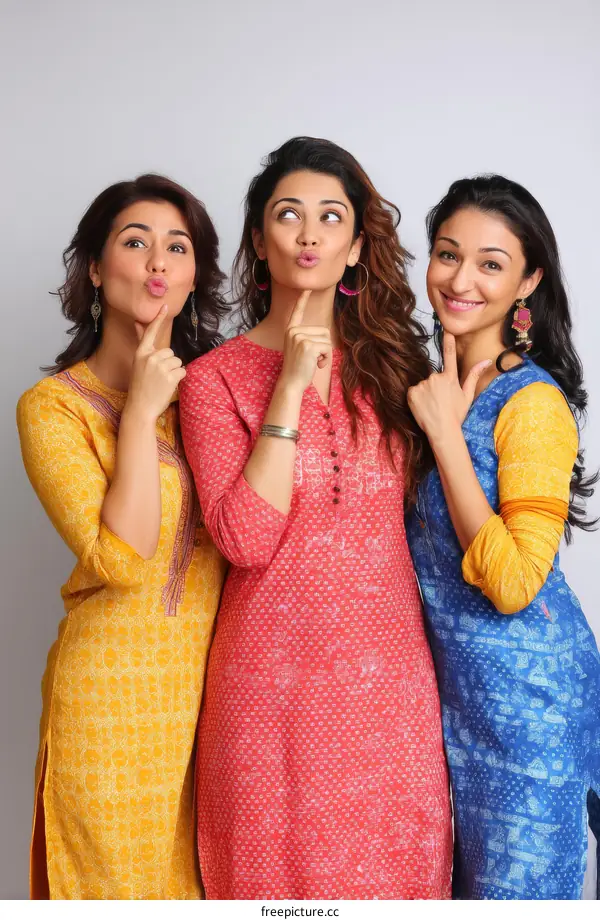 Three Indian Women in Colorful Traditional Dresses