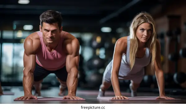 A muscular man and woman doing pushups in a gym