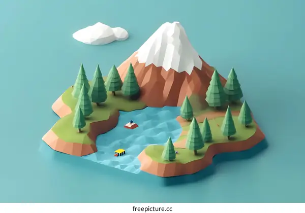 Low Poly Mountain Landscape with River and Trees
