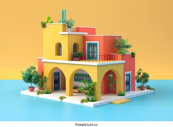 Colorful house with arches and plants