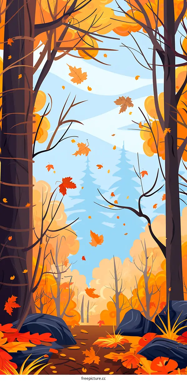 Autumn Forest Illustration with Colorful Leaves and Trees