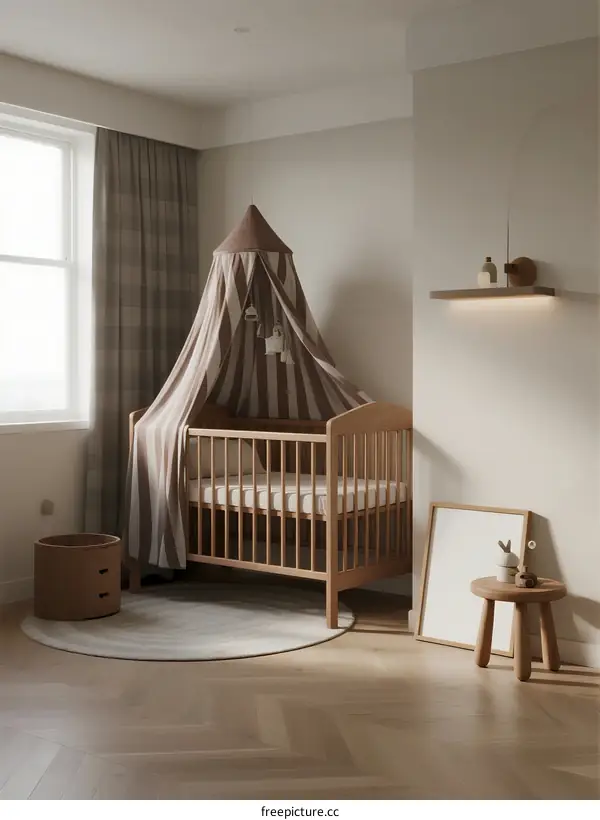 Modern baby room with wooden crib and striped canopy