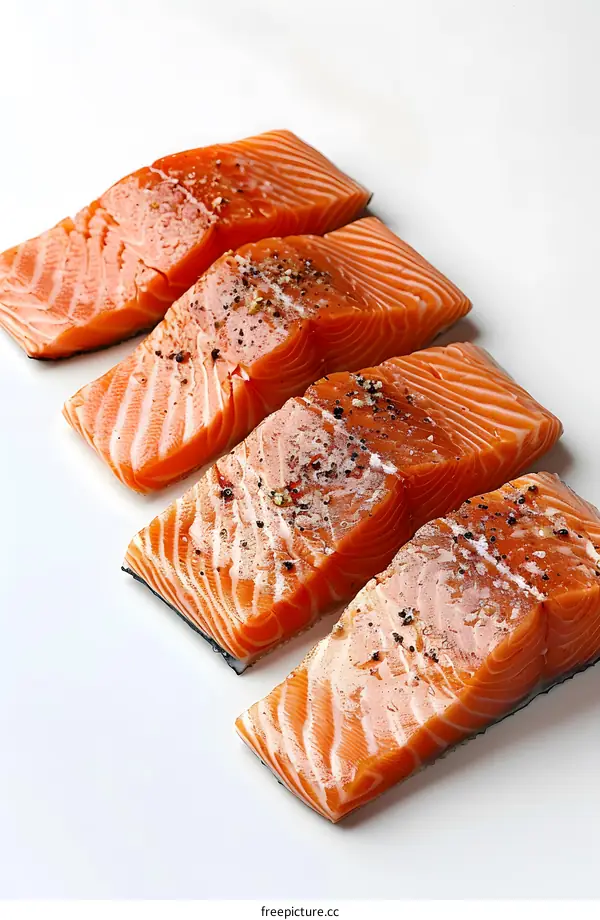 Four fresh salmon fillets with spices on a white background