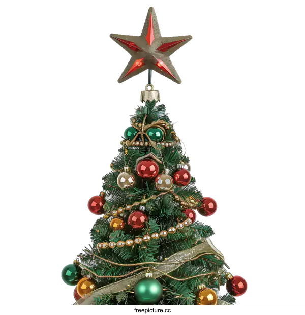 [Transparent Background PNG]Christmas Tree Decorated with Red, Green, and Gold Ornaments