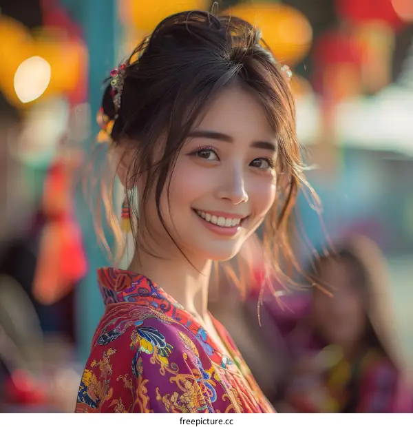 Portrait of a beautiful smiling Chinese woman in traditional clothes
