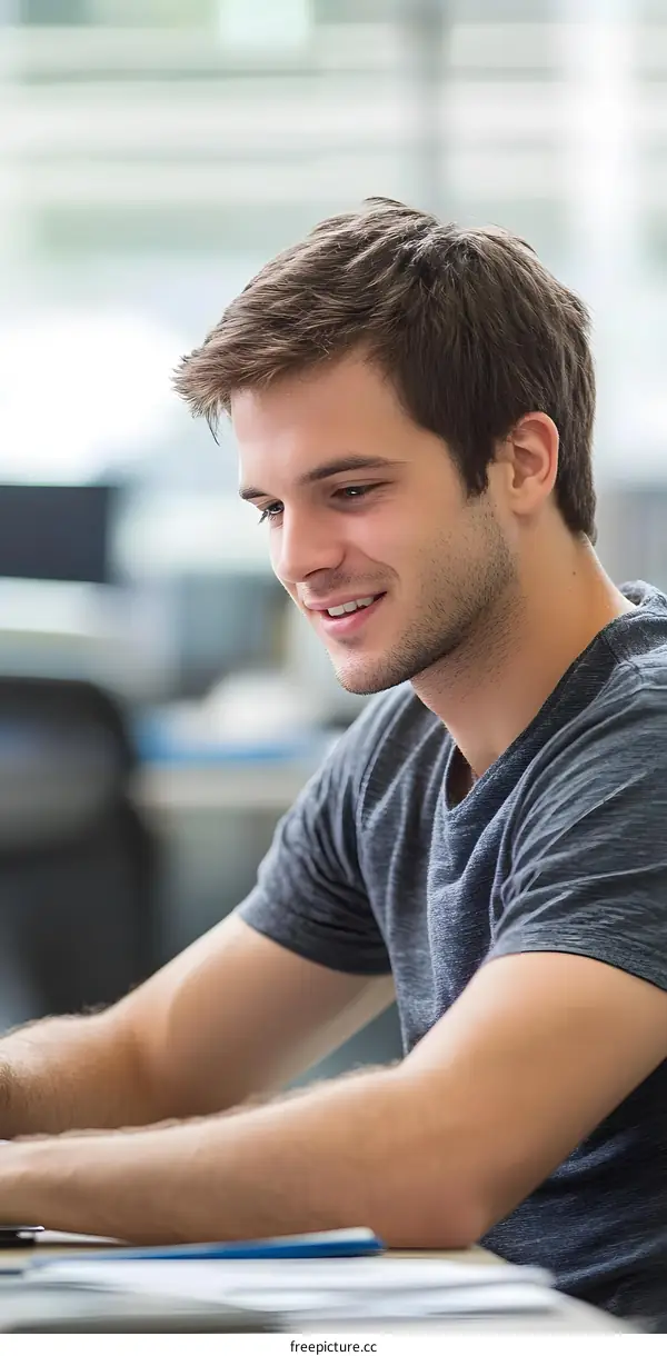Caucasian Man Working on Laptop in Office