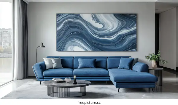 Modern Living Room with Blue Sectional Sofa and Abstract Art