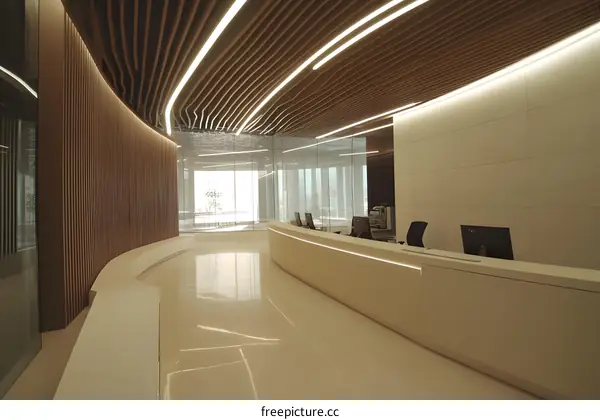 Modern Office Reception Area with Curved Walls and Wooden Ceiling