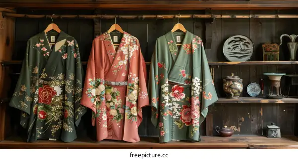 Three vintage kimono with floral patterns hanging on a wooden rack in a traditional Japanese house