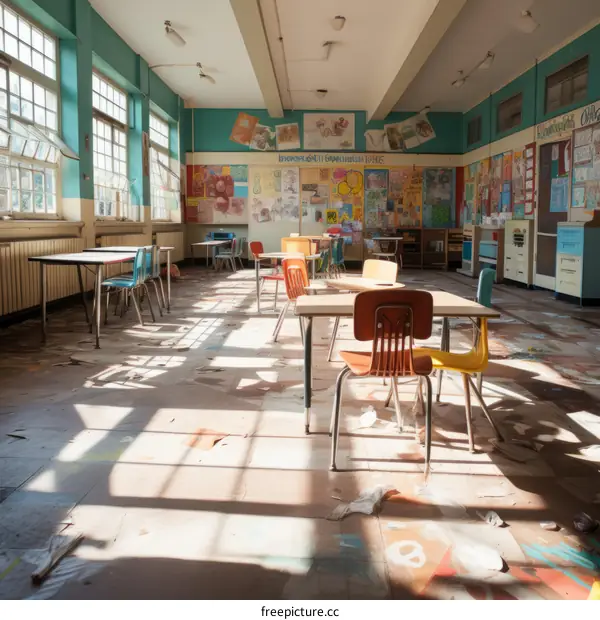 An abandoned classroom with chairs and desks