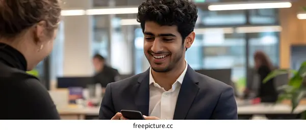 Smiling Businessman Looking at Smartphone in Office
