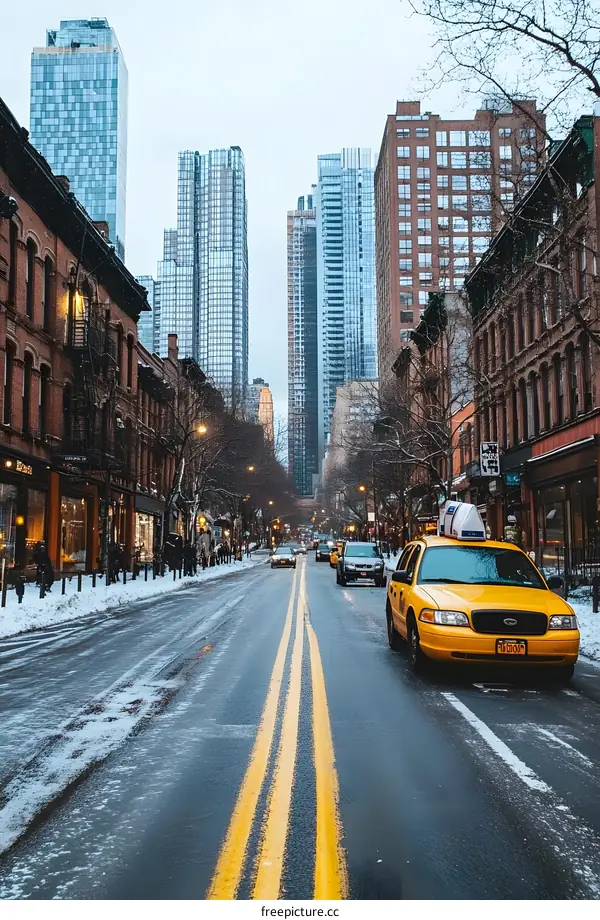 Yellow Taxi on Snowy Street in New York City