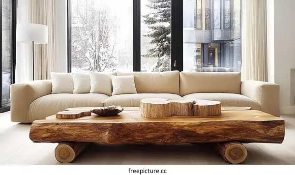 Modern Minimalist Living Room with Rustic Coffee Table