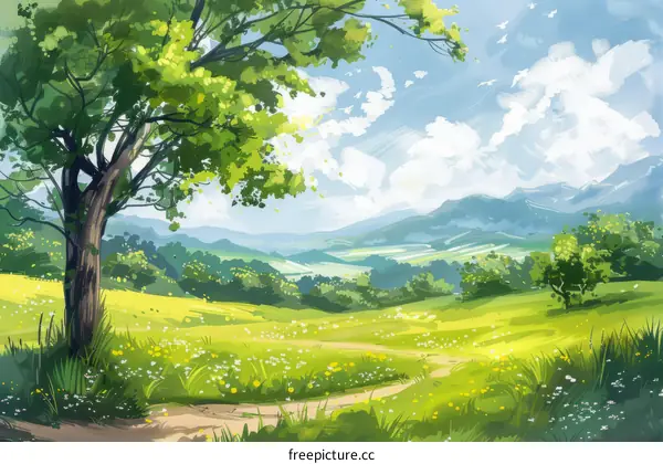 Green rolling hills and blue sky with white clouds