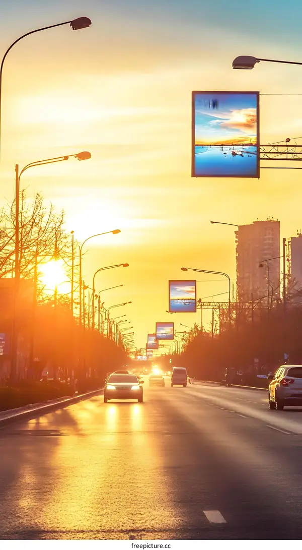 Sunset View of Road with Streetlights and Cars