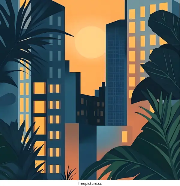 Cityscape with Palm Trees and Sunset