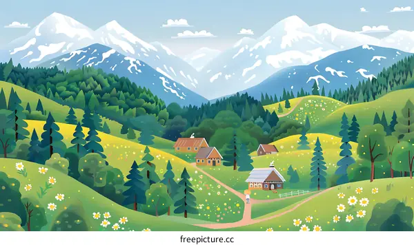 Beautiful Landscape with Houses and Mountains